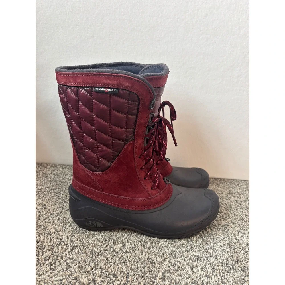 The North Face ThermoBall Utility Mid Boot Womens Burgundy Black Winter Snow 9